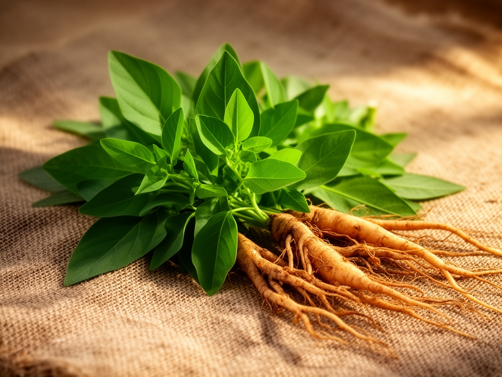 Zbliżenie na świeże zielone liście ashwagandhy i korzenie roślin adaptogennych leżące na naturalnym lnianym płótnie w ciepłym, bocznym świetle