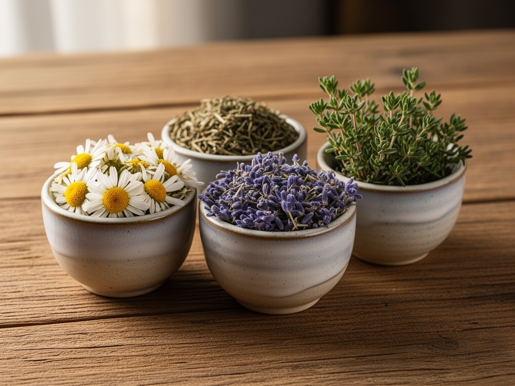 Małe ceramiczne miseczki z suszonymi ziołami — rumiankiem, lawendą i tymiankiem — ustawione na drewnianym stole w naturalnym oświetleniu