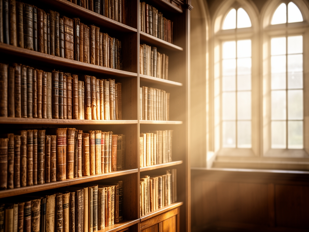 Ciepło oświetlone wnętrze biblioteki badawczej z drewnianymi półkami pełnymi starych woluminów, promienie słońca padające przez wysokie okna na oprawione księgi